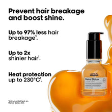 L'Oréal Metal Detox oil bottle with black pump and amber splash