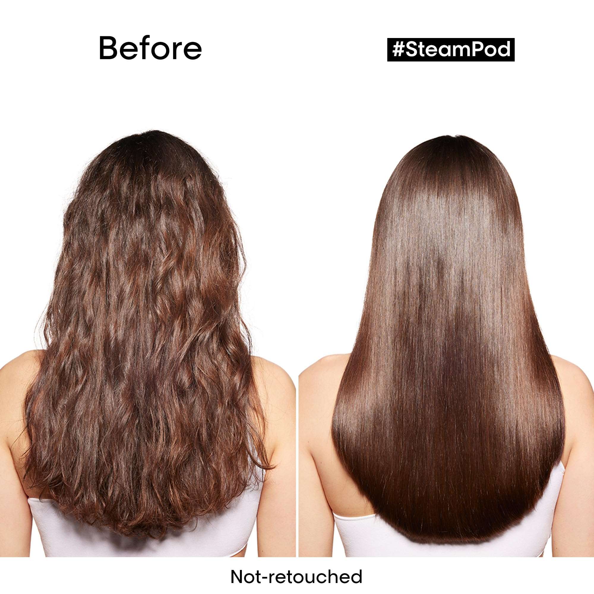 Before and after using L'Oréal Professionnel Steampod smoothing treatment for sleek, straight hair