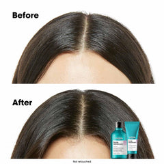 Before and after image showing the effects of L'Oréal sensitive scalp treatment for healthier hair