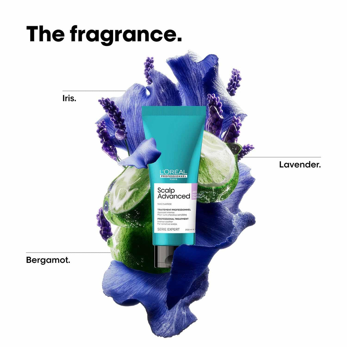 L'Oréal sensitive scalp treatment with iris, lavender, and bergamot fragrance in a turquoise tube