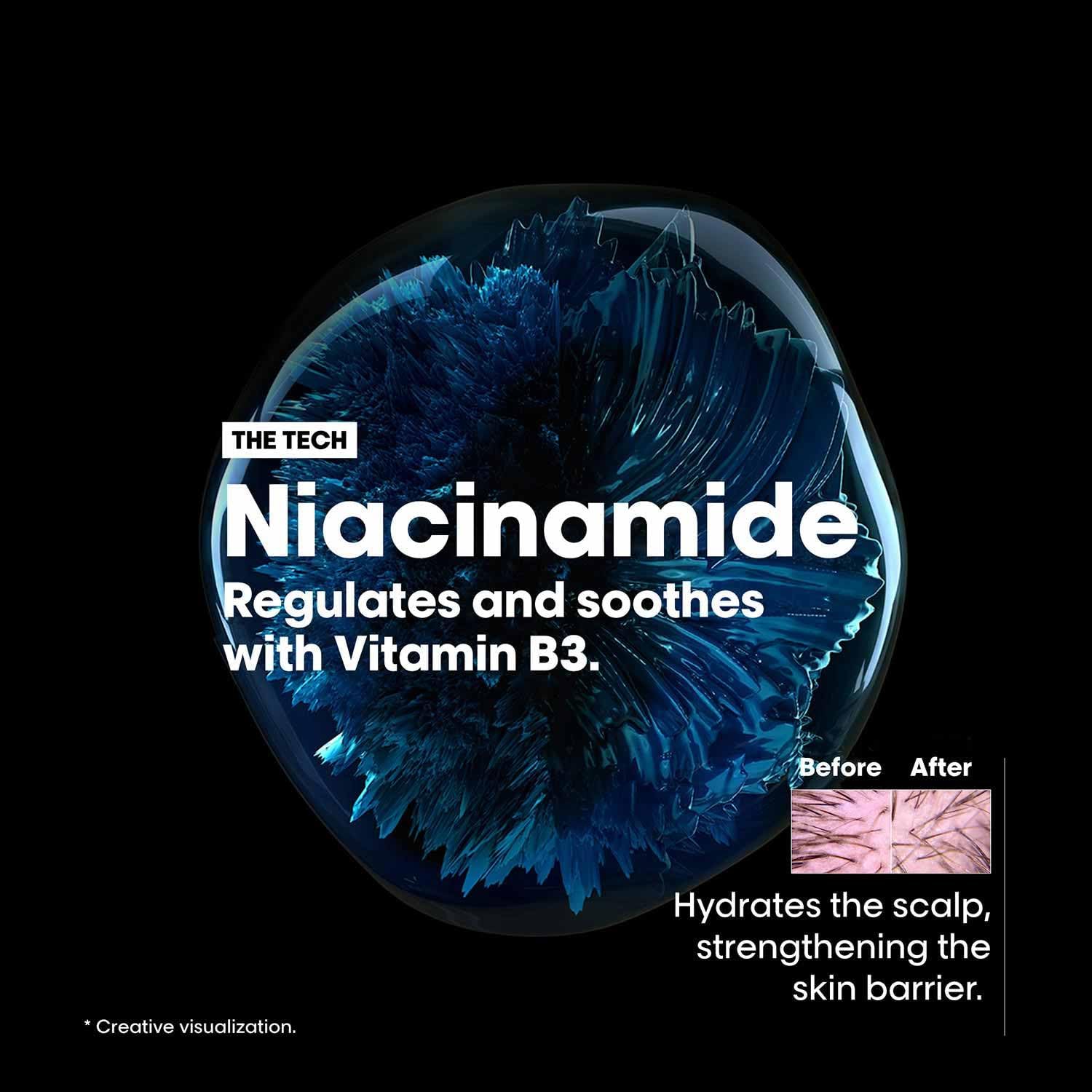 L'Oreal sensitive scalp treatment featuring niacinamide and Vitamin B3 for scalp hydration and skin barrier support