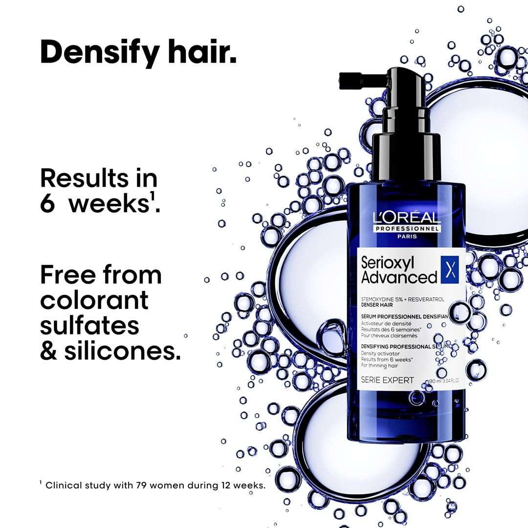 L’Oréal Serioxyl Advanced Serum for hair growth in a sleek bottle, promises visible results in six weeks.