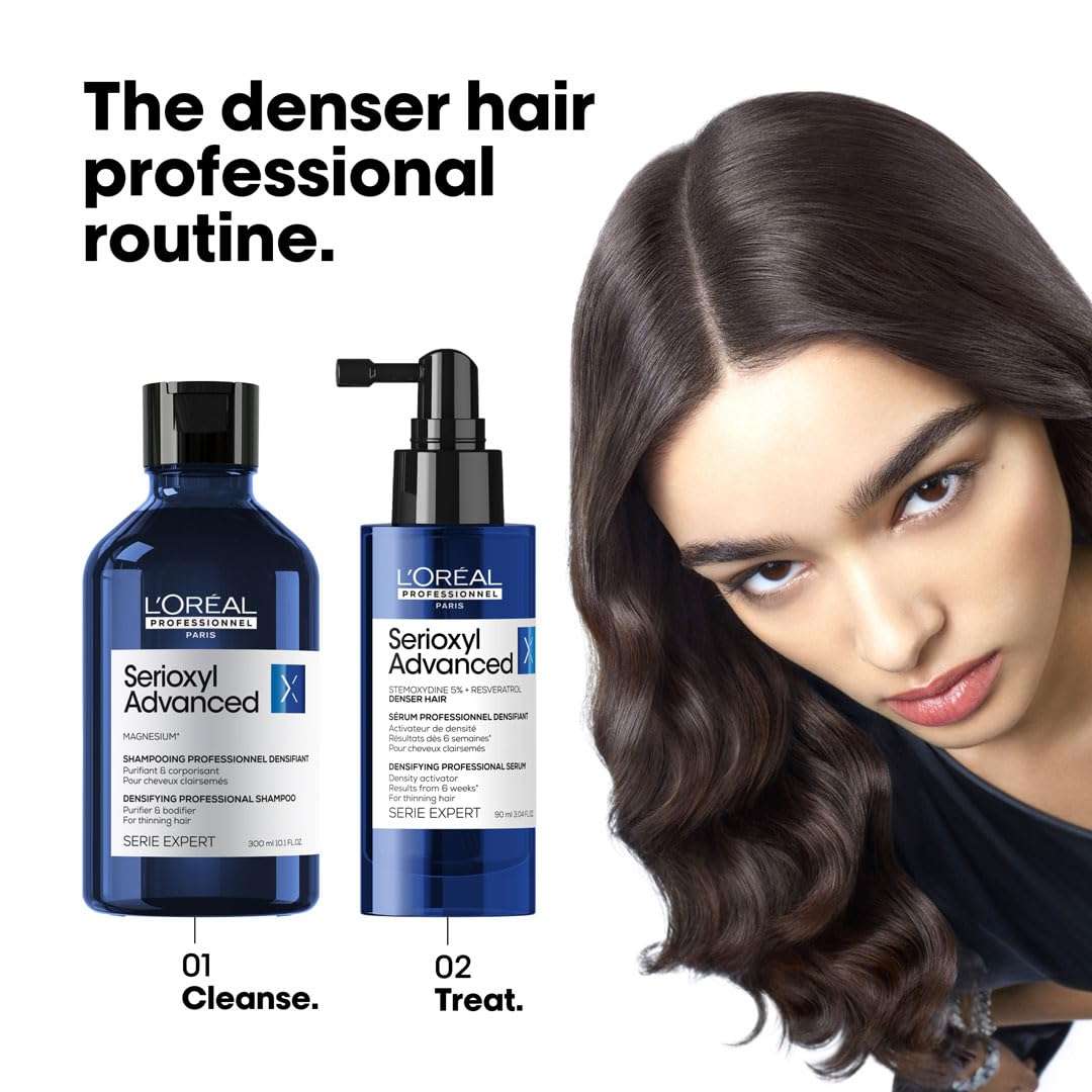 LOréal Serioxyl Advanced Serum for hair growth alongside shampoo, showcasing a professional hair care routine