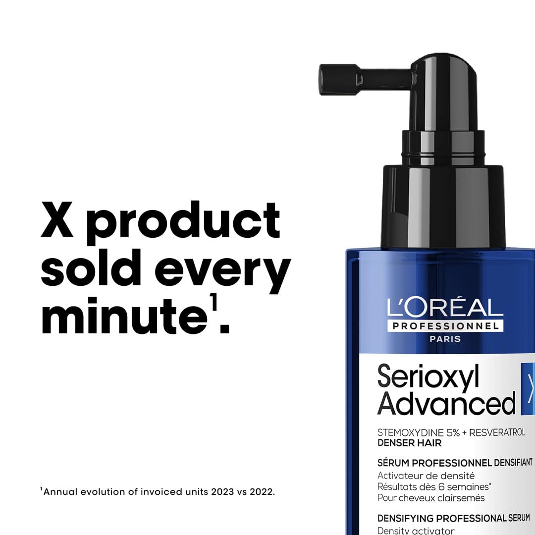 L’Oréal Serioxyl Advanced Serum for hair growth in a pump bottle for thicker, denser hair