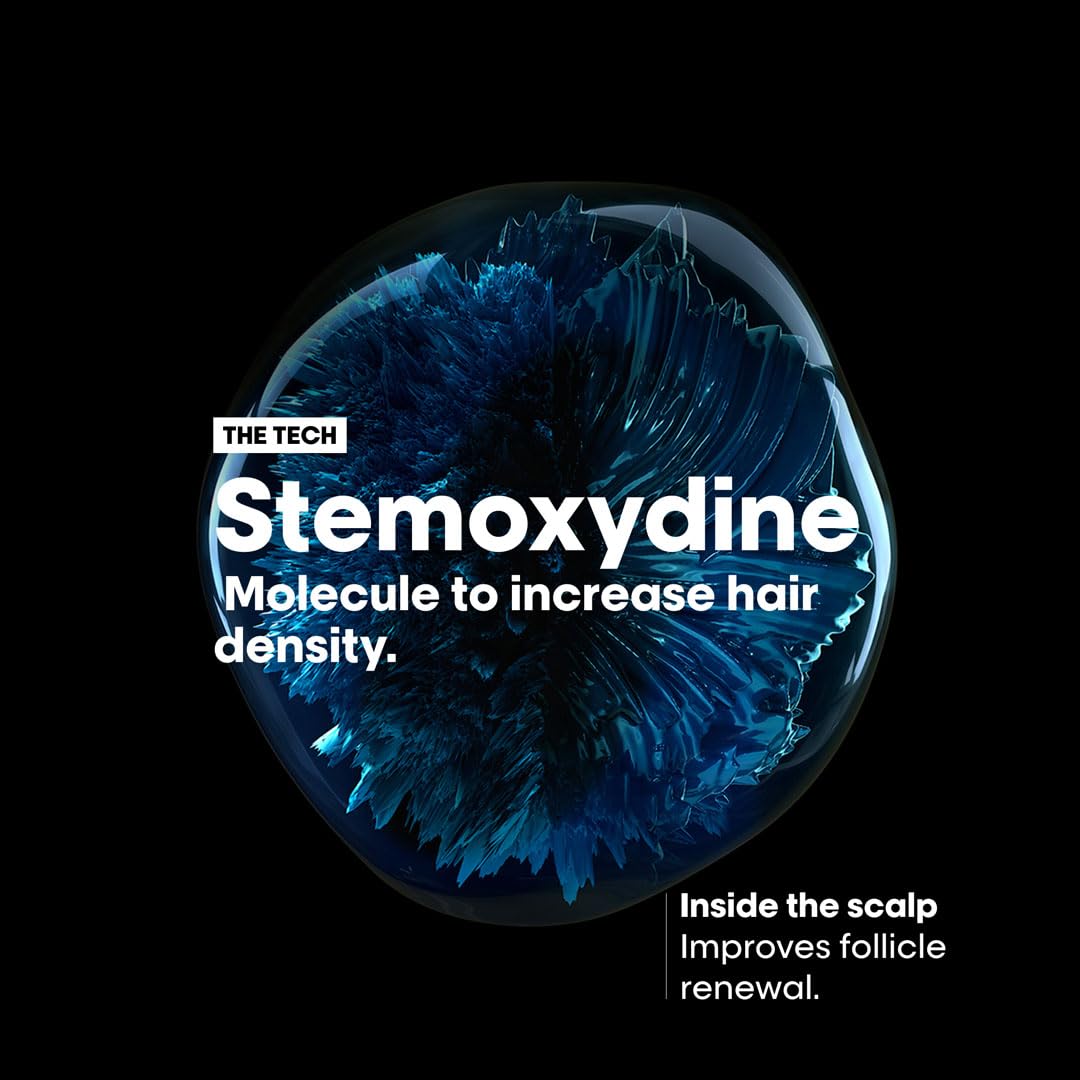 L’Oréal Serioxyl Advanced Serum for hair growth shown with Stemozydine molecule enhancing hair density