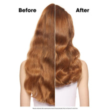 Before-and-after hair volume result, long wavy brown hair