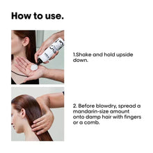 Hands applying L'Oréal Professionnel Volume Extra Full spray to damp hair