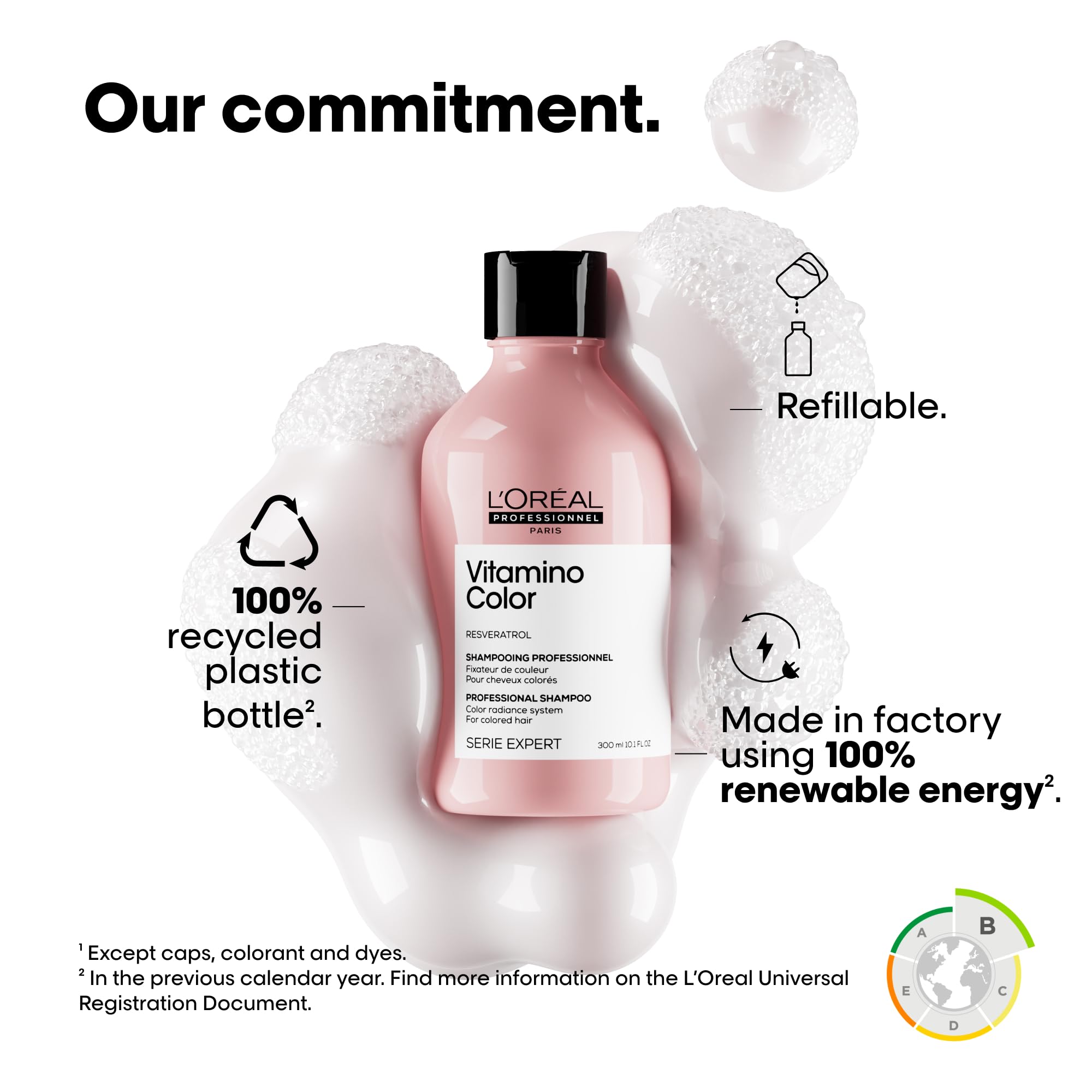 L’Oreal Professionnel Vitamino Color Shampoo for color-treated hair in a 100% recycled bottle with bubbles.