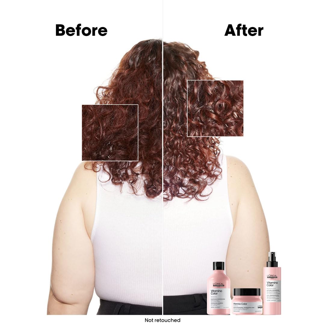 Before and after using L'Oréal Professionnel Vitamino Color Shampoo for color-treated hair showcasing enhanced shine and vibrancy