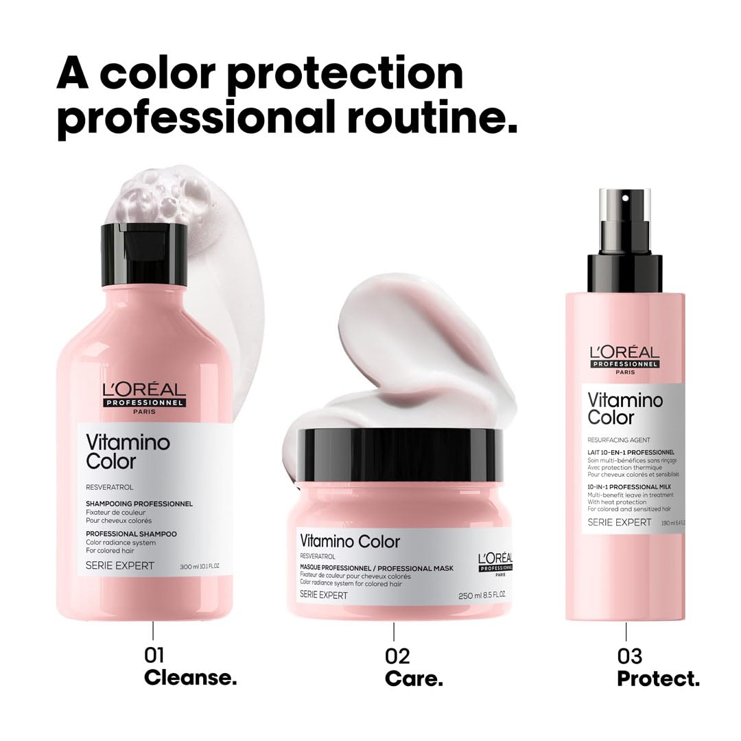 L’Oréal Professionnel Vitamino Color Shampoo for color-treated hair, part of a color protection routine.