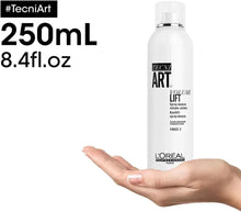White Tecni Art Volume Lift hair mousse bottle shown beside a hand, 250ml.