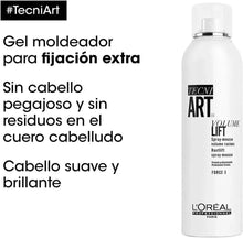 White Tecni Art Volume Lift hair mousse bottle with spray nozzle, extra hold message.