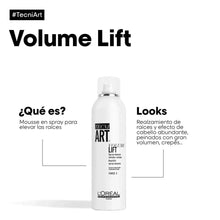 Tecni Art Volume Lift hair mousse bottle with spray nozzle on a product info layout.