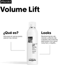 Hair mousse bottle with TecniArt Volume Lift label and silver pump cap