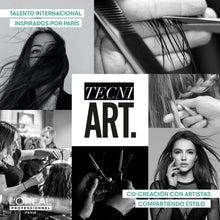 Tecni Art Volume Lift promotional collage with hair styling images and Tecni Art logo.