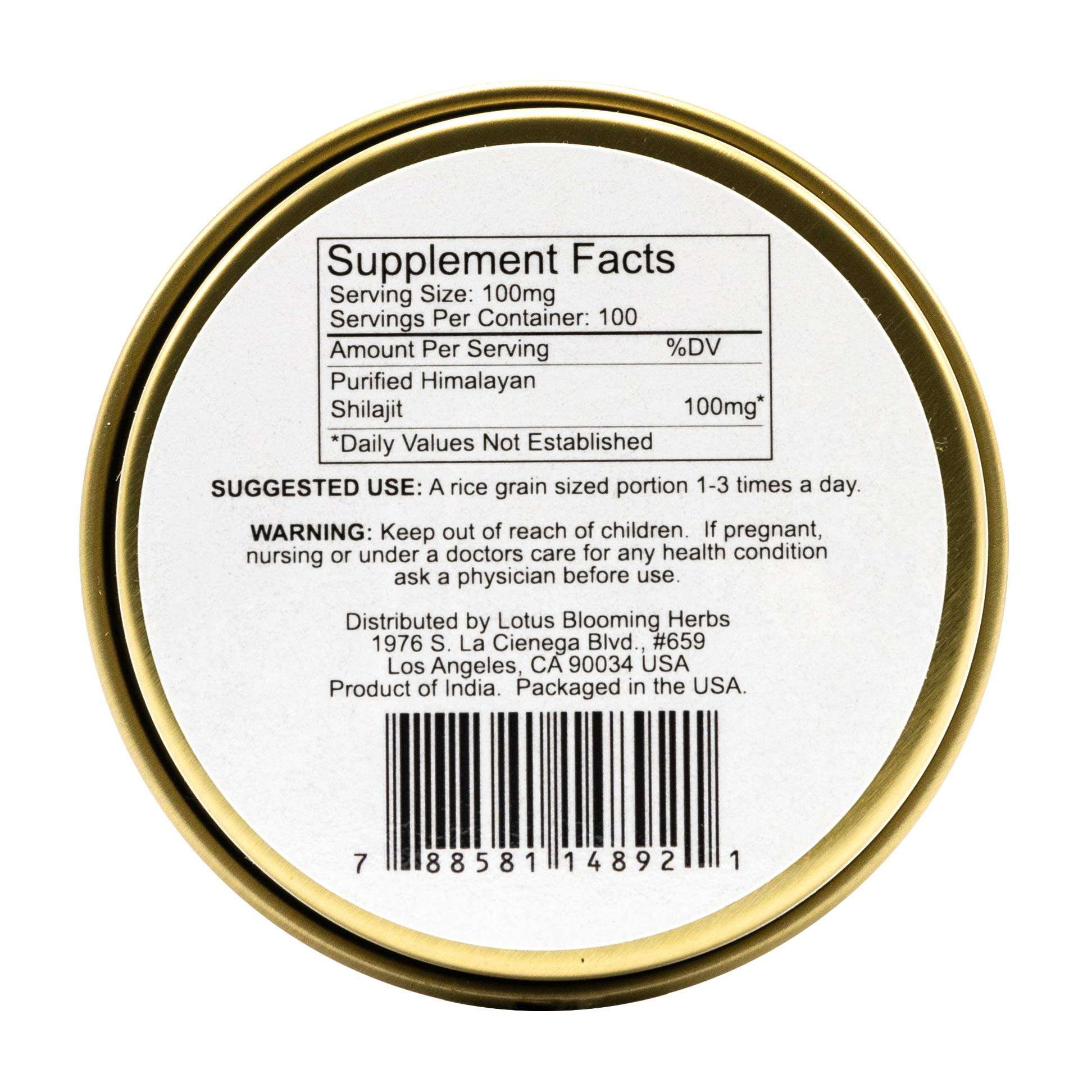 Lotus Blooming Herbs round gold tin label showing Supplement Facts and barcode for pure Himalayan shilajit resin
