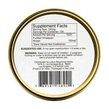 Shilajit resin tin back with supplement facts text and barcode