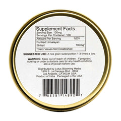 Lotus Blooming Herbs round gold tin label showing Supplement Facts and barcode for pure Himalayan shilajit resin