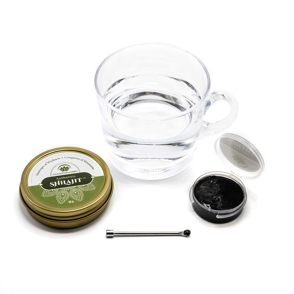Lotus Blooming Herbs pure Himalayan shilajit resin jar with gold tin applicator and glass of water