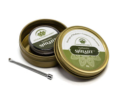 Lotus Blooming Herbs tin and jar of pure Himalayan shilajit resin with stainless steel applicator spoon