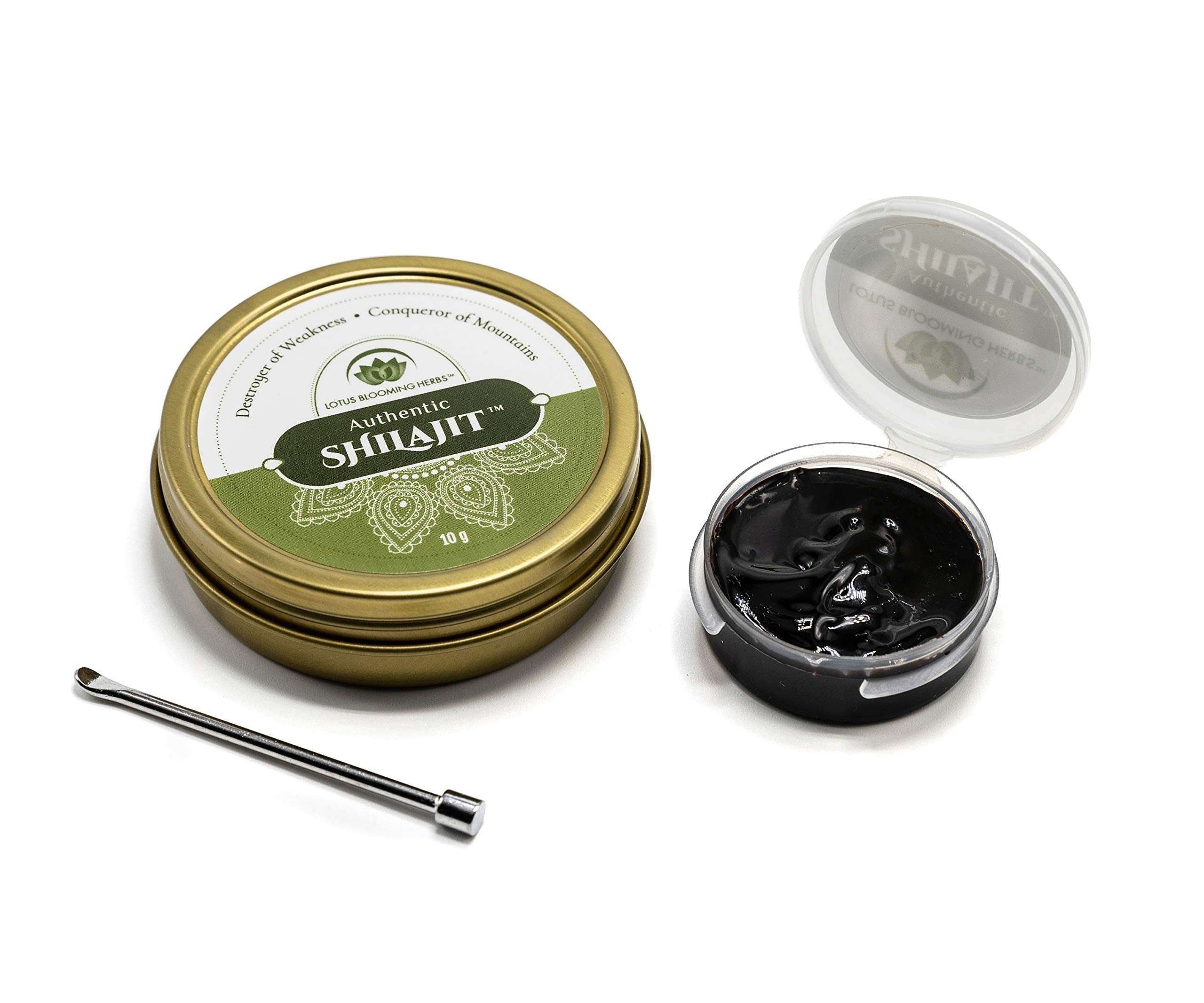 Lotus Blooming Herbs tin and open jar showing pure Himalayan shilajit resin with metal applicator for daily wellness