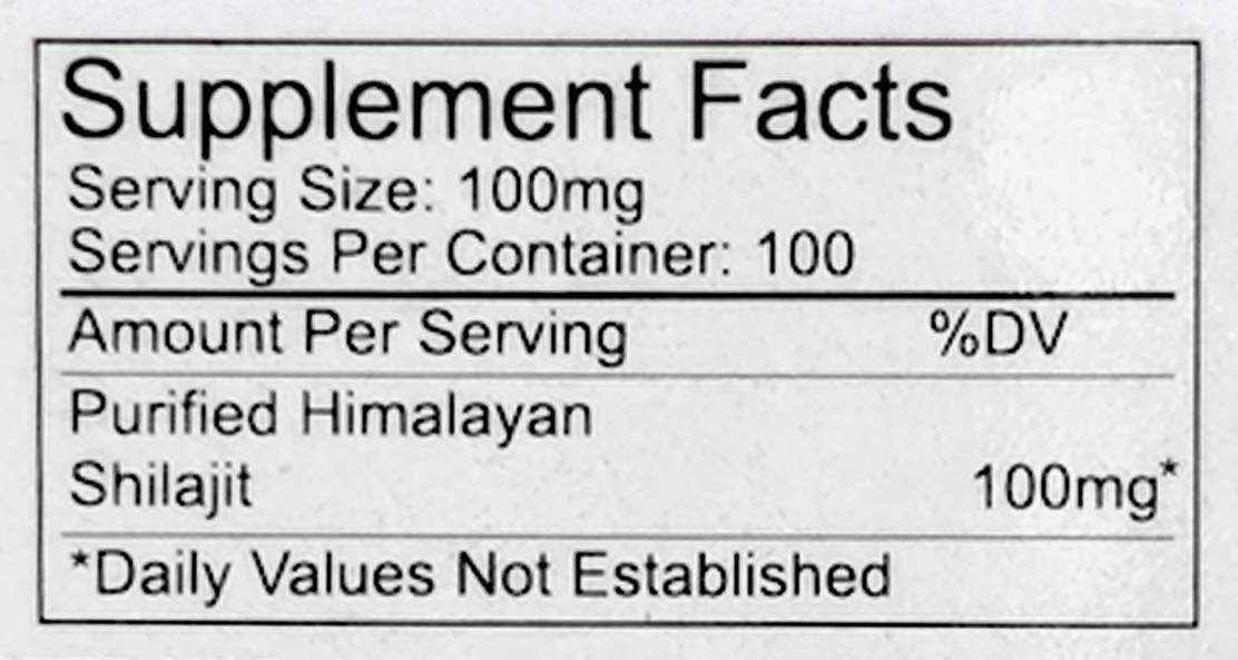 Lotus Blooming Herbs supplement facts label showing 100mg serving size 100 servings pure Himalayan shilajit resin