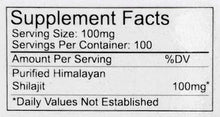 Supplement facts label: purified Himalayan Shilajit 100 mg per serving