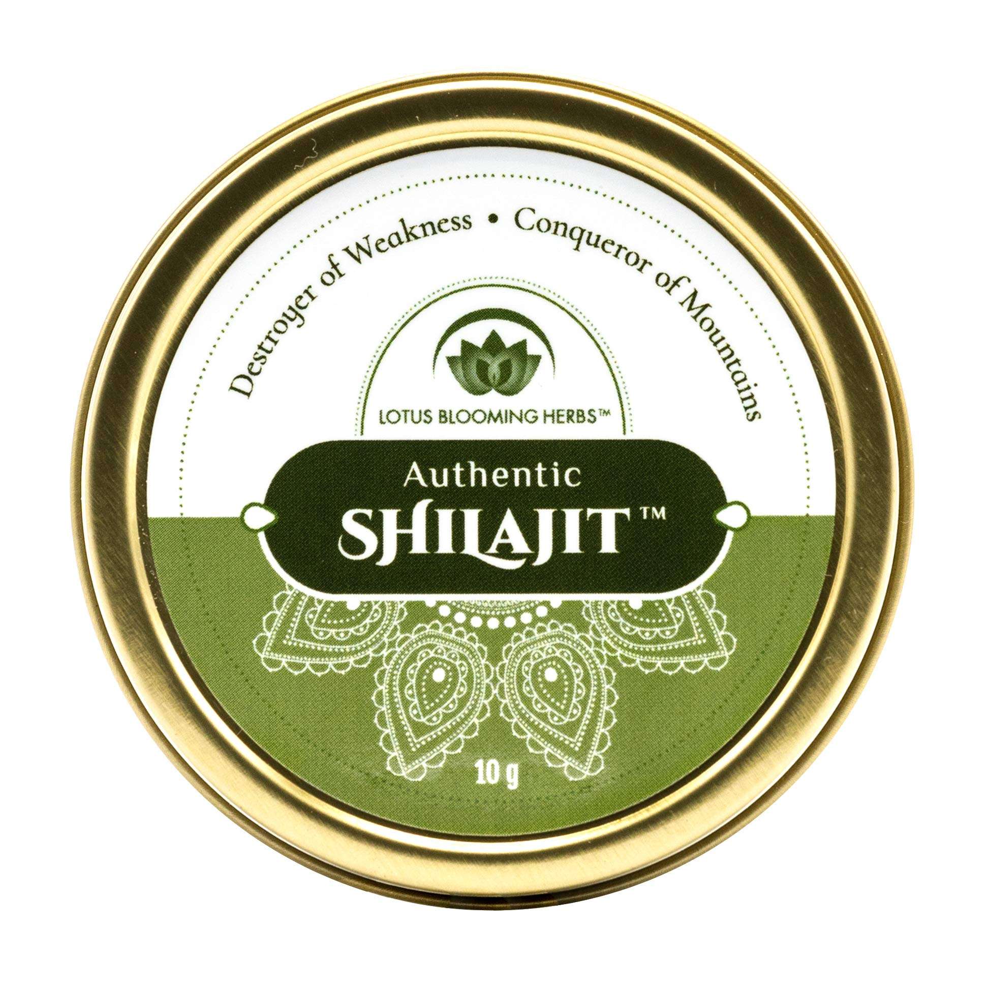 Lotus Blooming Herbs 10g tin of Authentic shilajit labeled pure Himalayan shilajit resin in green and gold packaging