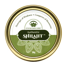 Shilajit resin tin with green front label and decorative lotus design