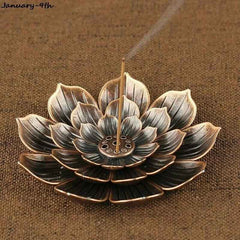 Bronze alloy lotus 3 in 1 incense burner for home with stick holder and coil base for yoga and sage