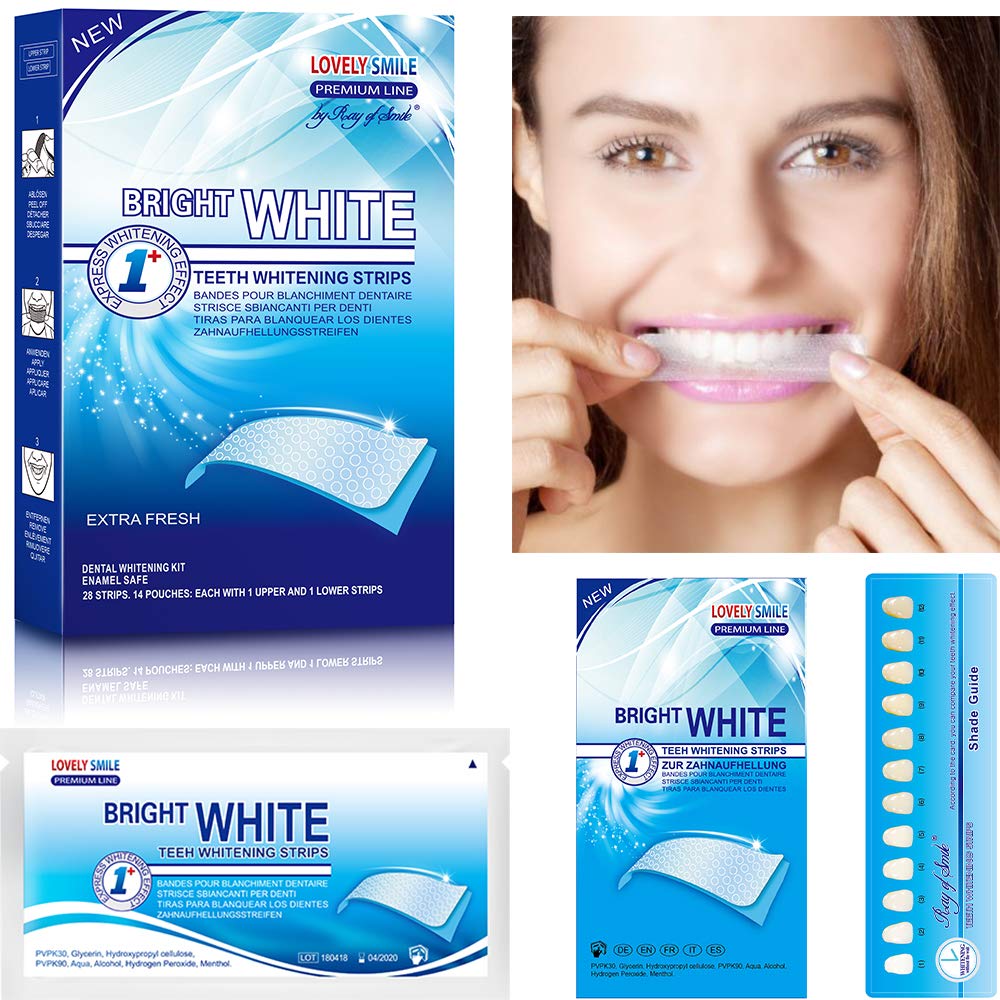 RAY OF SMILE Bright White product box and woman applying teeth whitening strips UAE for fresh white smile