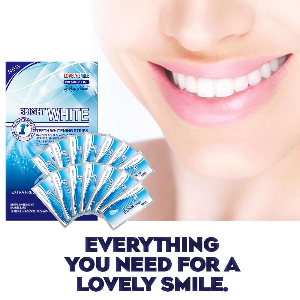 RAY OF SMILE Bright White box and strips with smiling woman showing white smile teeth whitening strips UAE