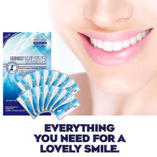 Teeth whitening strips with smiling mouth and strip packet display