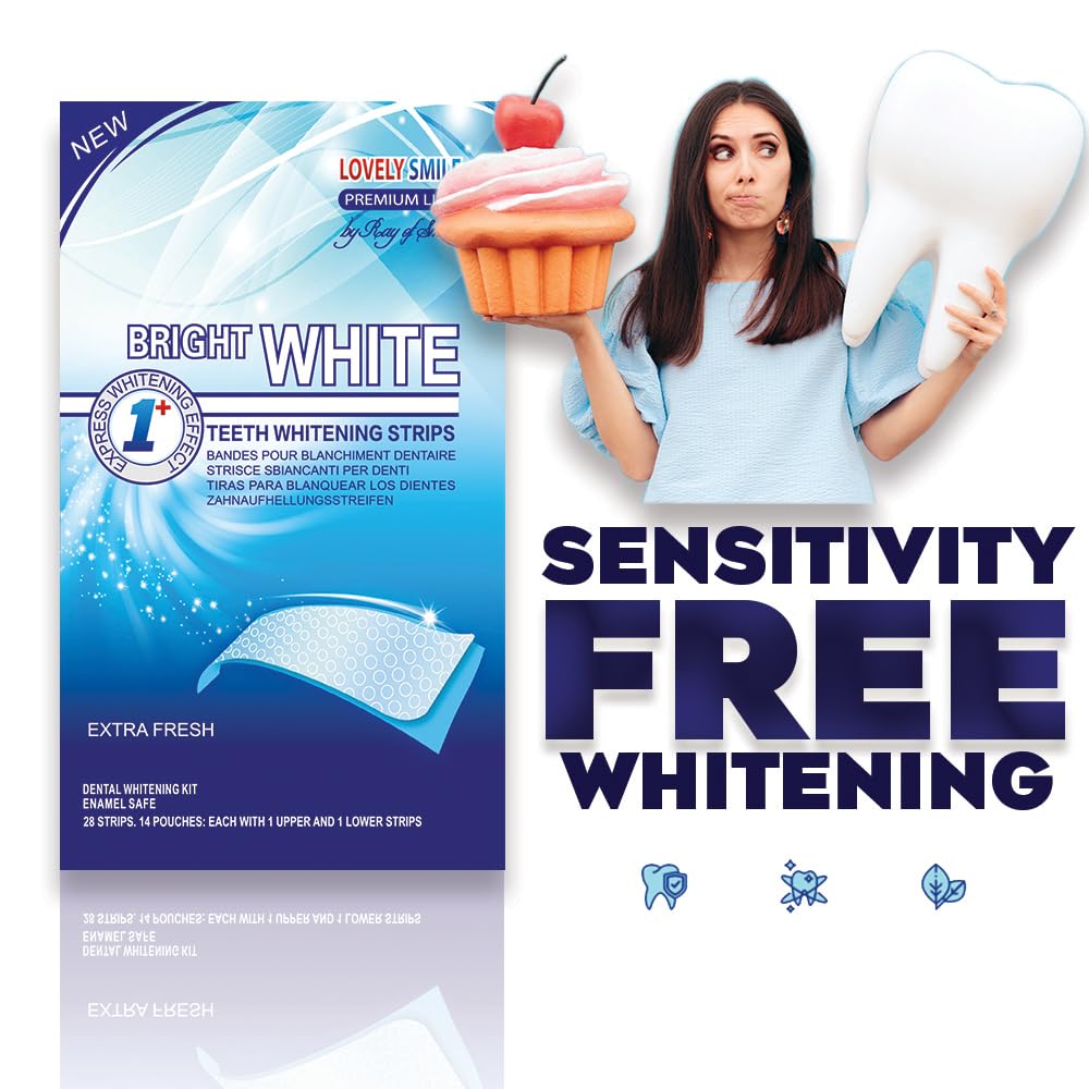 RAY OF SMILE Bright White sensitivity free teeth whitening strips UAE box with model holding tooth and cupcake