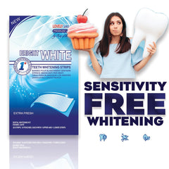 RAY OF SMILE Bright White sensitivity free teeth whitening strips UAE box with model holding tooth and cupcake