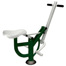 Low-impact horseback fitness trainer with white padded seat and green frame
