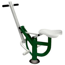 Green frame horseback fitness trainer with white padded seat and curved arm handles