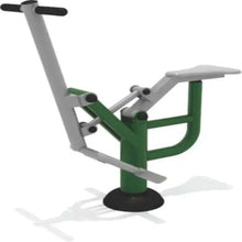 Green and white horseback exercise trainer with padded seat, arm bars, and grips
