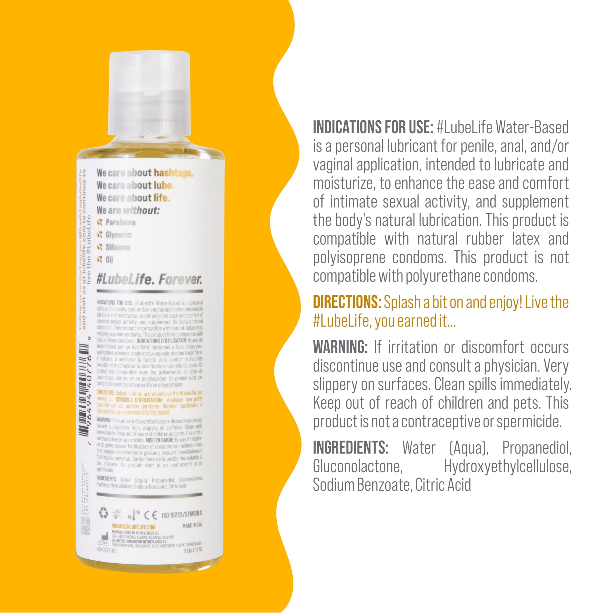 Lube Life clear bottle of water based personal lubricant with label and usage instructions on orange background