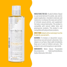 Personal lubricant bottle back label with directions and ingredients text