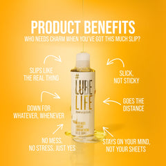 Lube Life water based personal lubricant bottle on yellow background with product benefits text and arrows