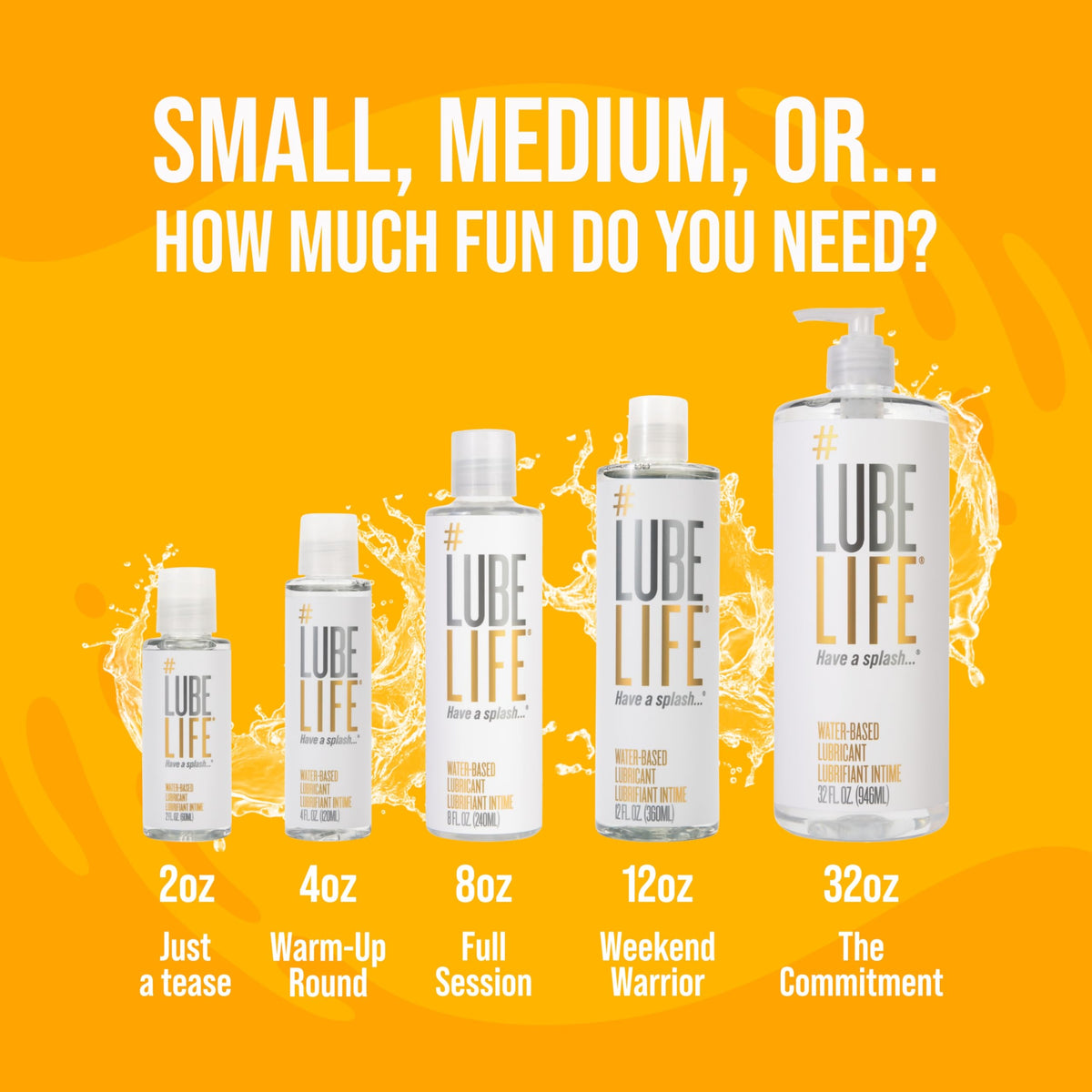 Lube Life water based personal lubricant bottle lineup on orange background showing 2oz to 32oz sizes