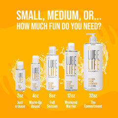 Lube Life water based personal lubricant bottle lineup on orange background showing 2oz to 32oz sizes