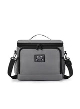 Gray lunch box bag with top handle, front zipper, and mesh side pockets