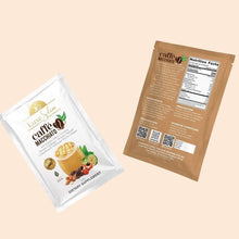 Caffe macchiato supplement sachets, white front and brown nutrition label sachet