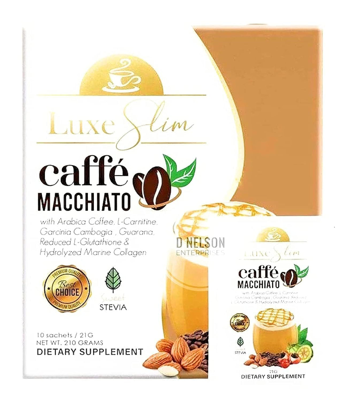 Luxe Slim boxed caffe macchiato and cup highlighting cafe macchiato with collagen and glutathione plus almonds and coffee beans