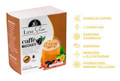 Luxe Slim box and glass of cafe macchiato with collagen and glutathione dietary supplement packaging