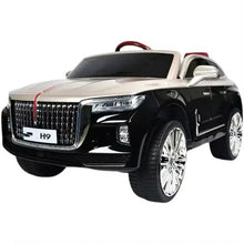 Kids electric ride-on car: black body, white hood, chrome grille, front three-quarter view