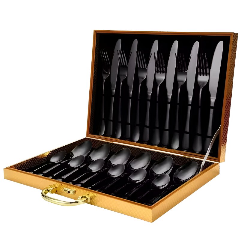 Huitich 24 piece reusable cutlery collection in black steel with knives forks and spoons in a gold carrying case