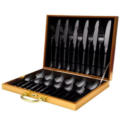 Huitich 24 piece reusable cutlery collection in black steel with knives forks and spoons in a gold carrying case